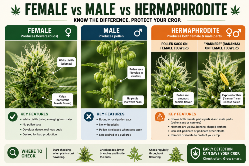 Detailed Hermaphrodite Cannabis Plant graphic showing the images with information