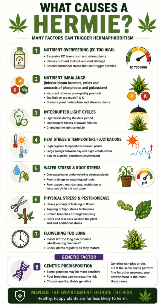 What causes a hermie. Hermaphrodite Cannabis Plant causes guide with 8 key causes of hermie plants